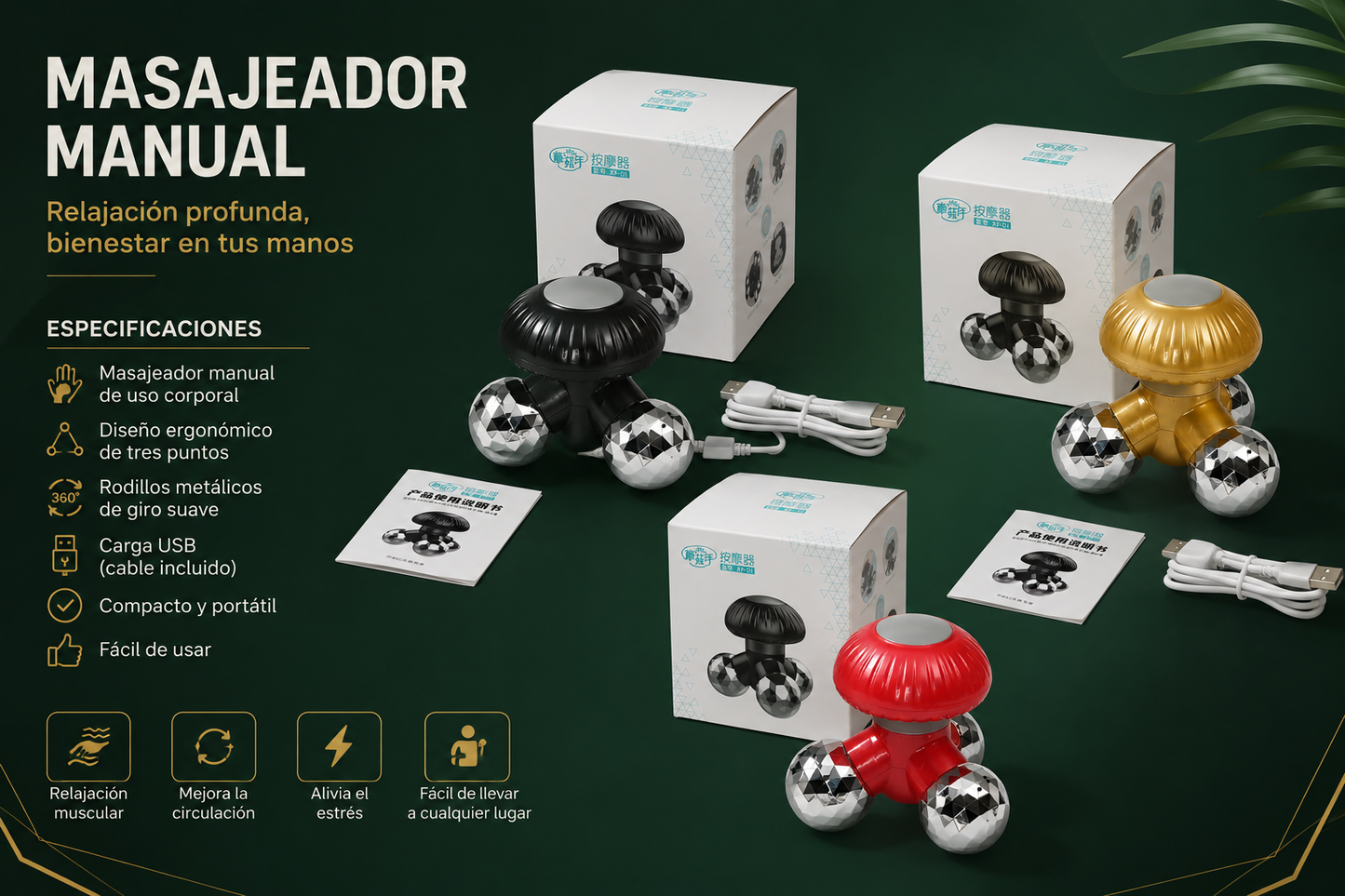 Mini masajeador vibratorio con 3 cabezales de masaje