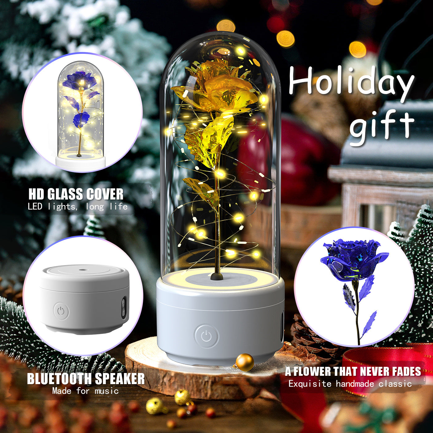 2-in-1 Rose LED Light & Bluetooth Speaker – Valentine's Gift in Glass Cover